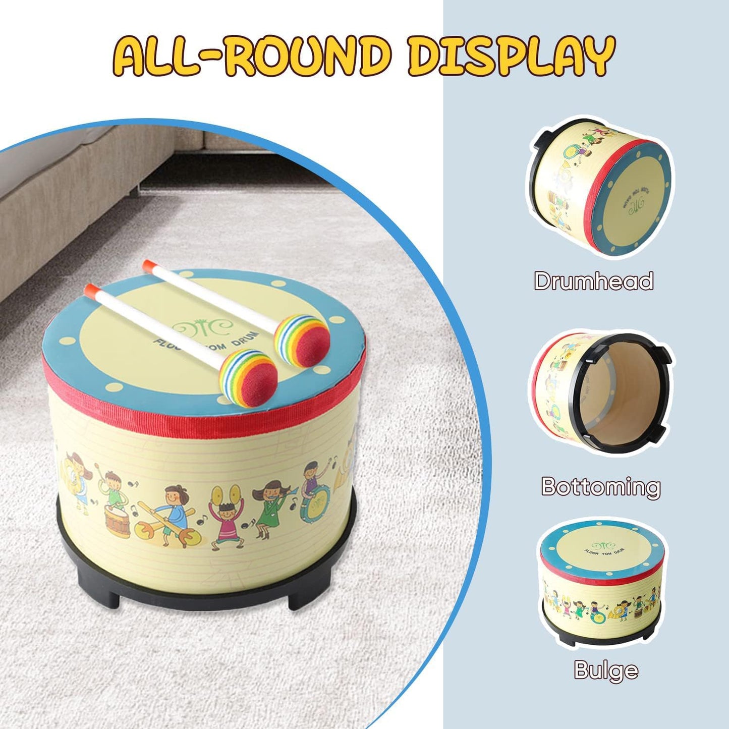 Floor Tom Drum 10 inch Gathering Club Carnival Colorful Percussion Instrument with 2 Mallets Music Drum for Child Special Christmas Birthday Gift(10 inch)