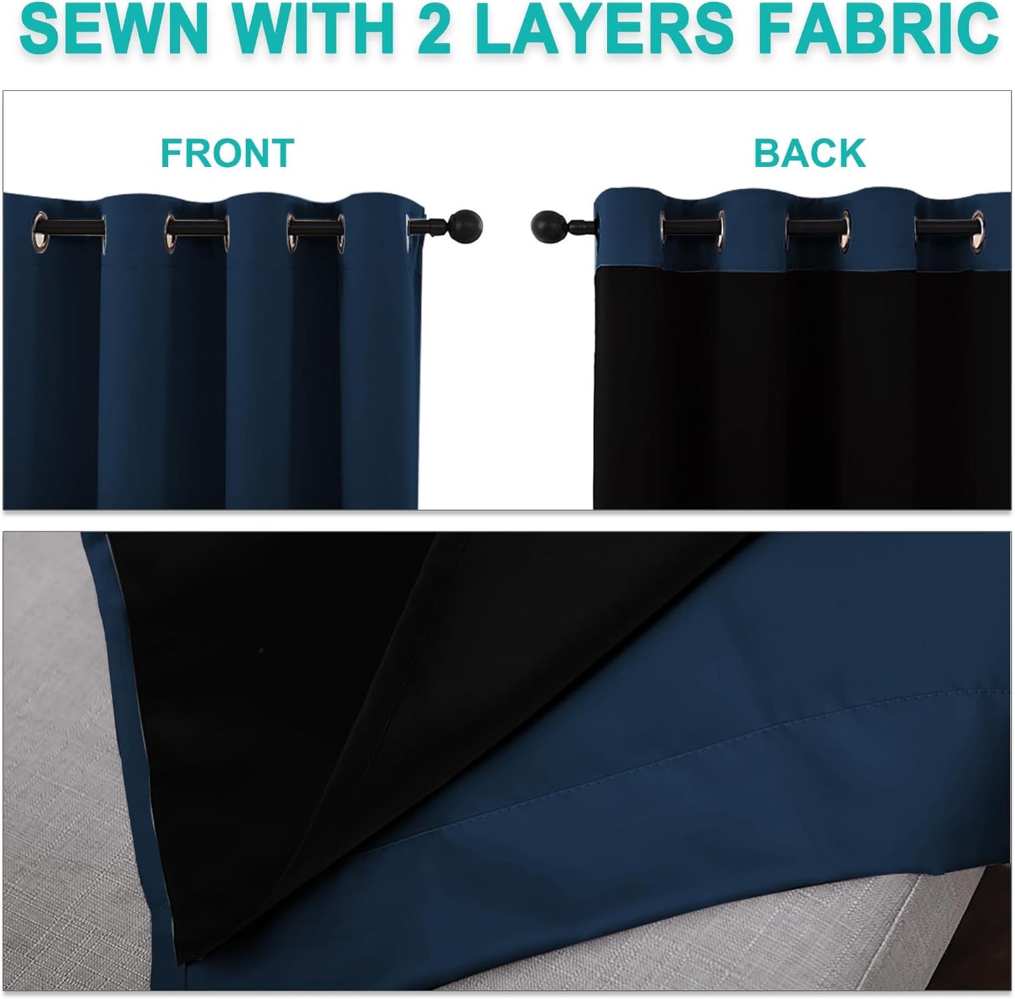 NICETOWN 100% Blackout Curtains with Black Liners, Solid Thermal Insulated Full Blackout 2-Layer Lined Drapes, Energy Efficiency Window Draperies for Bedroom (2 Panels, 42" W by 63" L, Moroccan Blue)