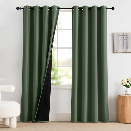 NICETOWN 100% Blackout Greyish Green Curtains 84 inches Long 2 Panels Set for Bedroom, Thermal Insulated Grommet Drapes, Room Darkening Curtain for Living Room(W52 x L84 Inch)
