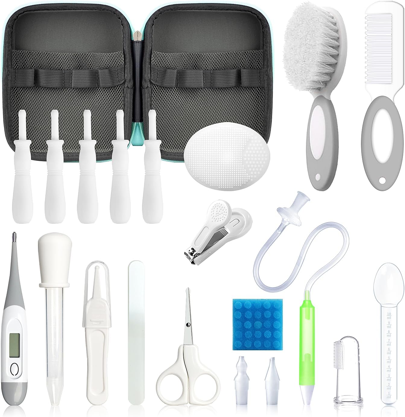 Baby Healthcare and Grooming Kit, 21 in 1 Portable Baby Essentials Kit with Gas Relief Hair Brush Comb Nasal Aspirator for Newborn Boys Girls (Grey White)