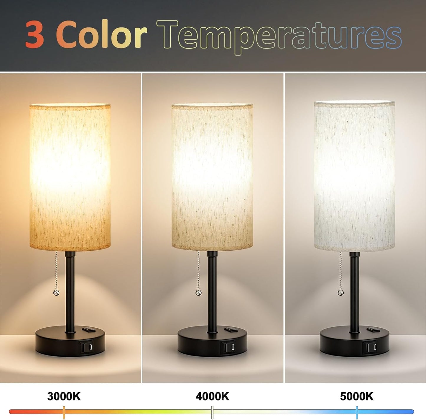 Pull Chain Table Lamp for Bedroom - 3 Color Temperatures, USB A + C Charging, AC Outlet, 17.4 inch Tall Bedside Lamp with E26 LED Bulb