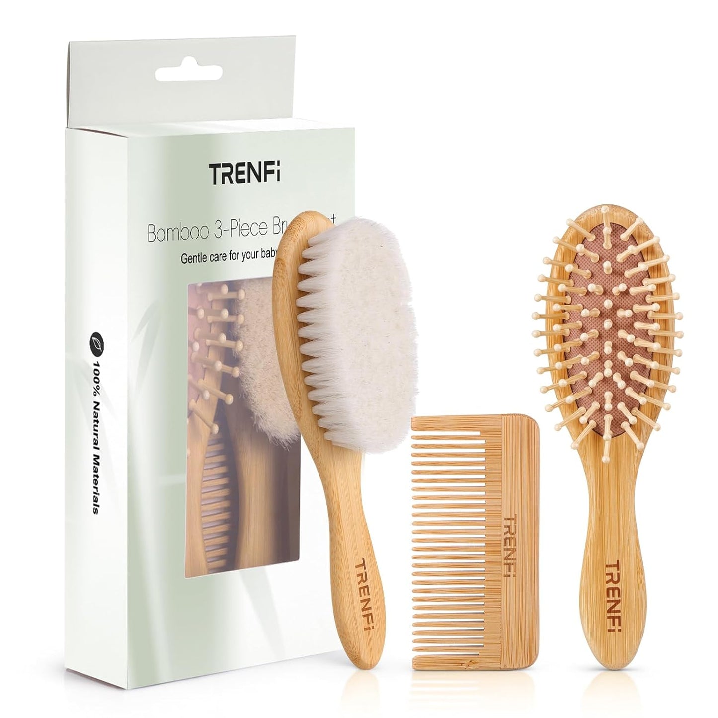 Bamboo Baby Brush and Comb Set (3-Piece) | Ultra-Soft Goat Bristle Newborn Hair Brush for Gently Soothing Cradle Cap | Natural Massage Brush & Toddler Comb | Perfect Baby Registry & Shower Gift