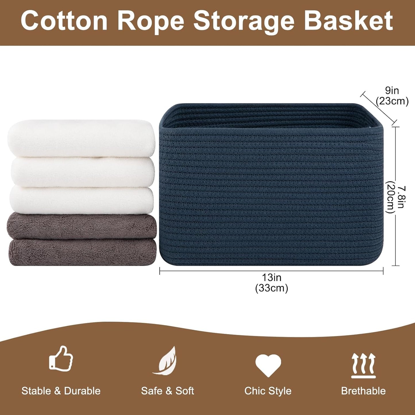 Storage Baskets for Organizing, Woven Decorative Baskets for Shelves - Books, Towels, and Clothes, Cotton Rope Toy Storage Bins, 12.7''Lx9''Wx7.8''H, Pack of 4, Blue