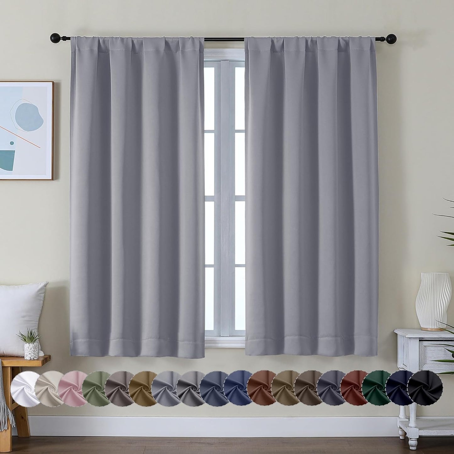 Simplebrand Ava Silver Grey Short Blackout Curtains for Bedroom 54 Inches Long 2 Panels, Solid Thermal Insulated, Energy Saving Window Treatment Curtains Blackout Drapes, W40 x L54 Inch, Silver Grey