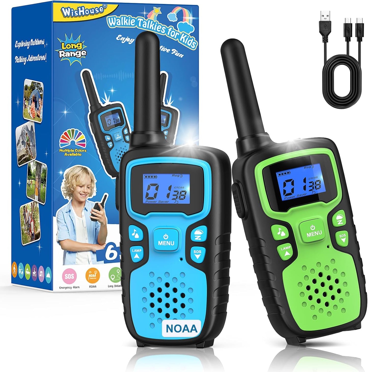 Wishouse Walkie Talkies for Kids Rechargeable Long Range,Xmas Birthday Gift for 4 5 6 7 8 9 Year Old Boys Girls,Hiking Gear Camping Games Cool Toys with NOAA,SOS Siren,Lamp,Lanyards,Easy to Use,2 Pack