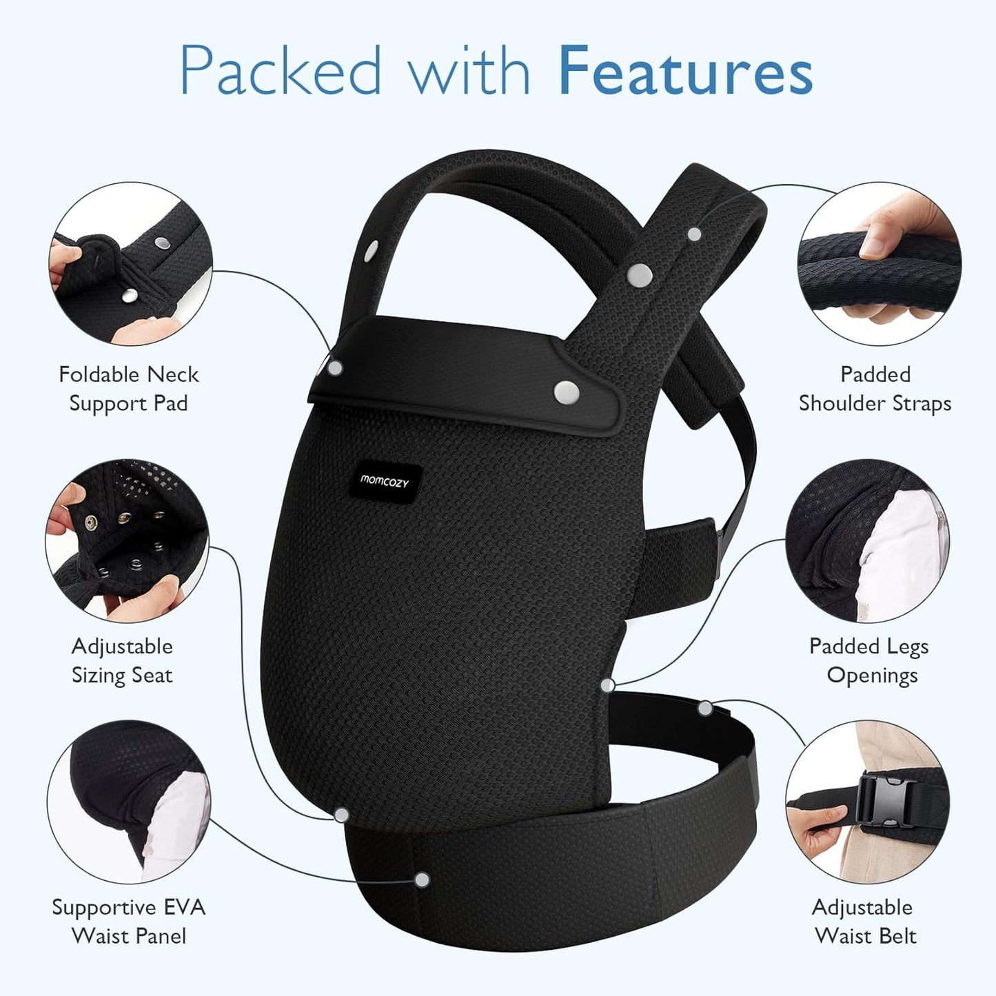 Momcozy Breathable Mesh Baby Carrier, Ergonomic and Lightweight Infant Carrier for 3-24 Months with Enhanced Lumbar Support, All Day Comfort for Hands-Free Parenting, Air Mesh-Black