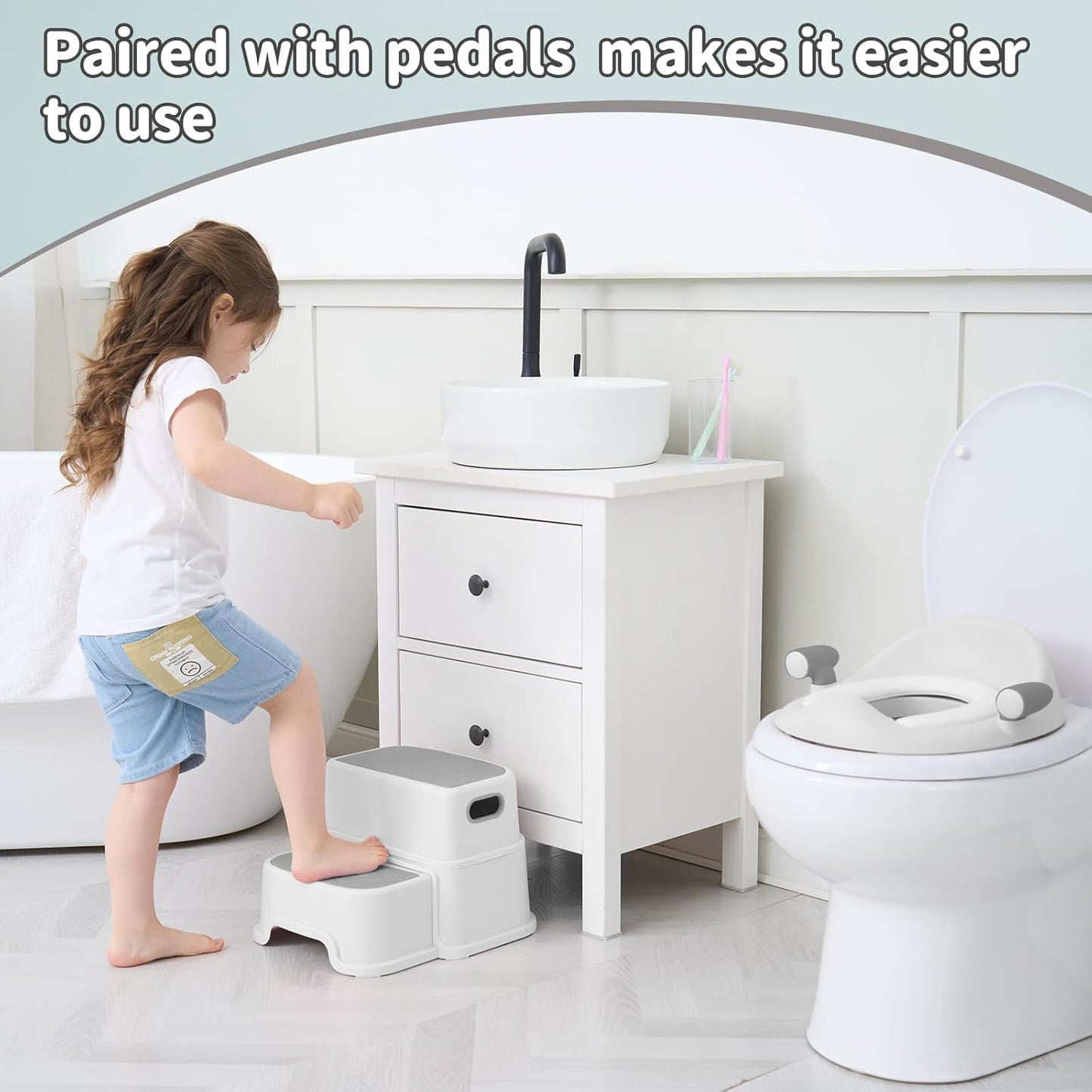 Potty Training Toilet Seat with Kids Step Stool Anti-Slip Toddler Seat, Soft Cushion, Baby Potty Training Set for Boys & Girls (Grey)