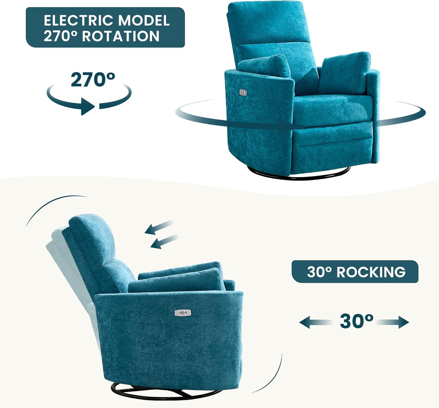 Power Swivel Glider Rocking Recliner, Electric Rocking Chair with USB Port for Living Room Bedroom Upholstered Nursery Chair Adult Rocking Chair with 2 Pillows (Blue, Power-Driven)