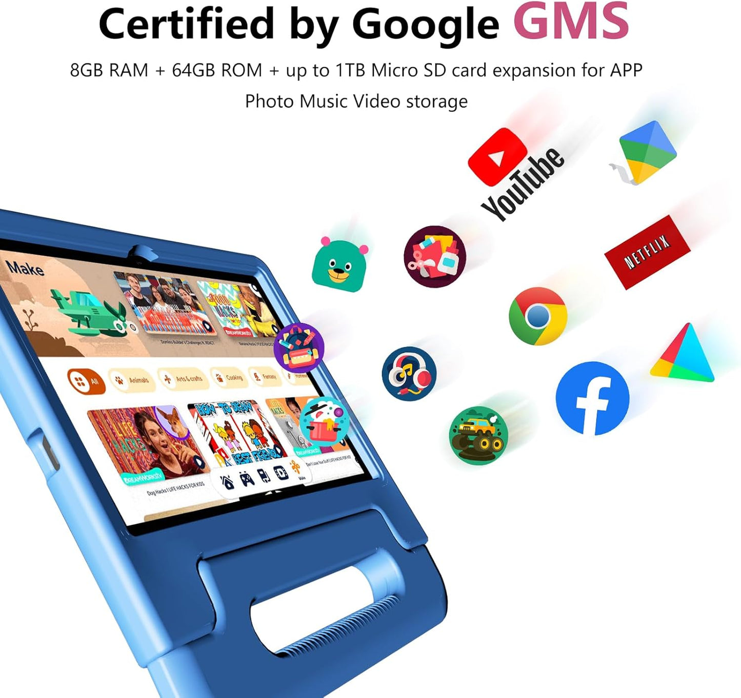 Kids Tablet 8GB+64GB, 10 Inch Android 14 Tablet for Kids 6000mAh with Case, WiFi 6, Bth 5.2, Dual Camera, GPS Pre-Installed Parental Controls, Kids Space & Family Link Great Gift for Toddler Children