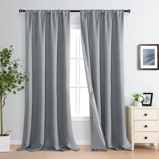 XWZO 100% Blackout Curtains - Extra Long Rod Pocket Thermal Insulated Black Liner Curtains, Noise Reducing and Heat Blocking Drapes for Bedroom with Tiebacks, Grey, W52 x L108, Set of 2