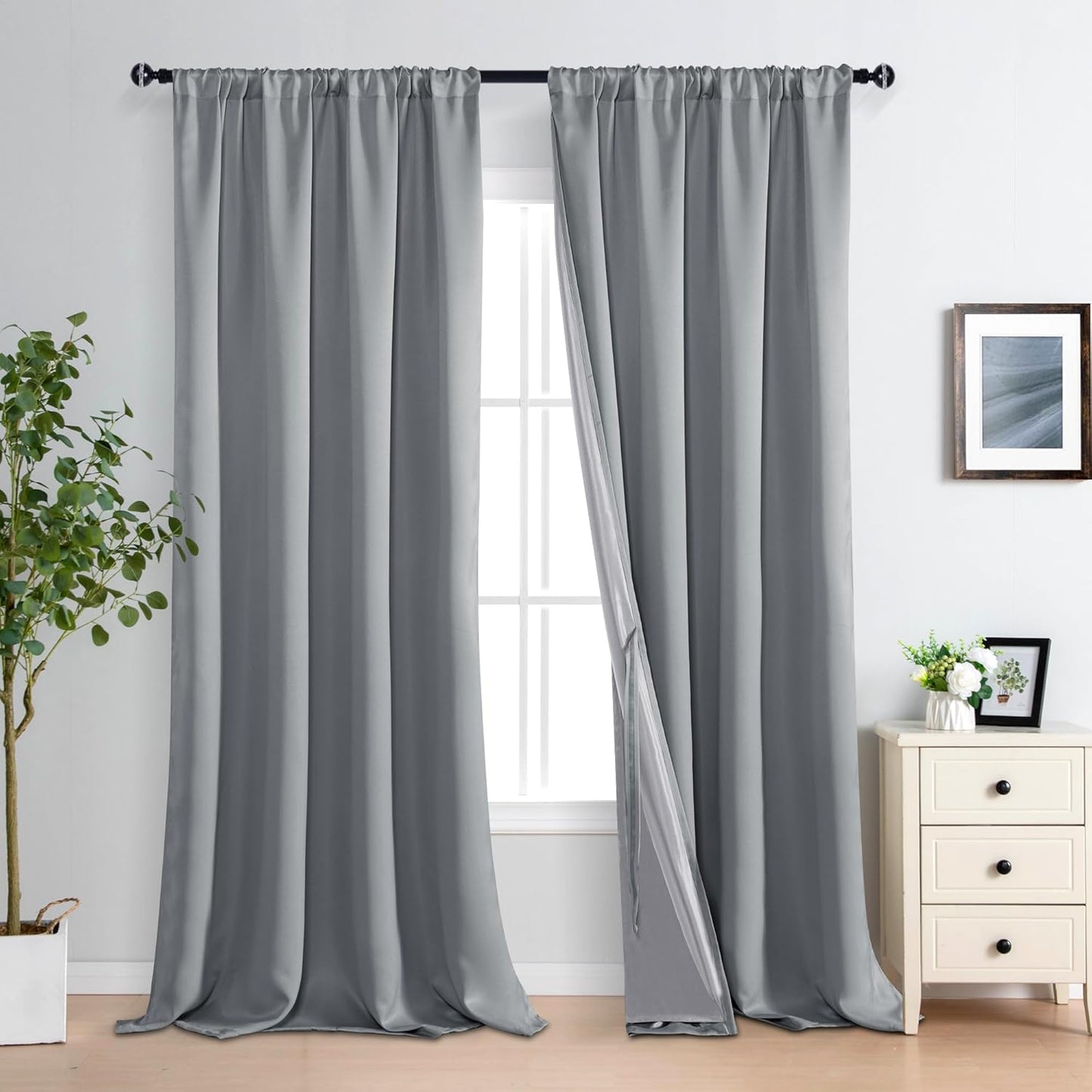 XWZO 100% Blackout Curtain Panels - Rod Pocket Thermal Insulated Black Liner, Noise Reducing and Heat Blocking Drapes for Hall and Studio Windows with Tiebacks, Grey, W52 x L95, Set of 2