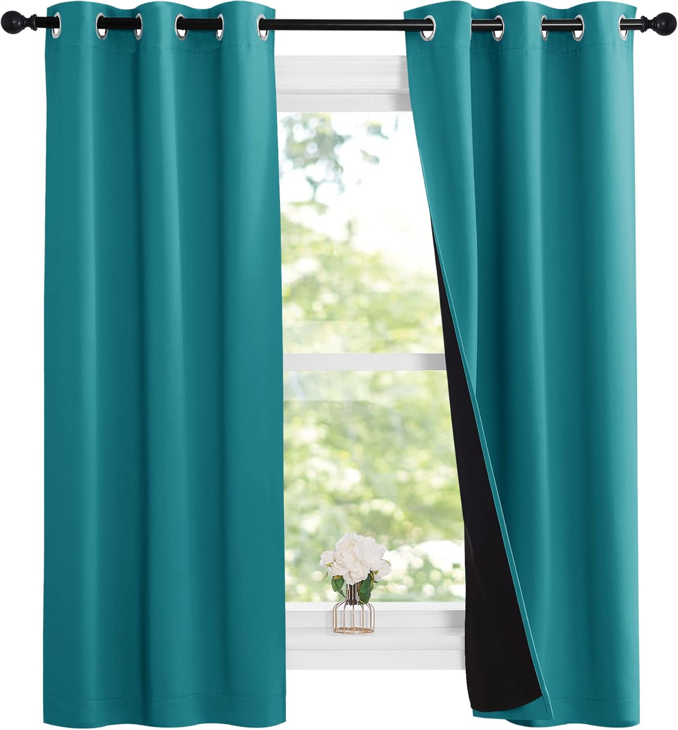 NICETOWN Peacock Teal 100% Blackout Lined Curtains, 2 Thick Layers Narrow Wide Window Treatment Panels Thermal Insulated Drapes for Kitchen Small Window (1 Pair, 37" Width x 63" Length Each Panel)