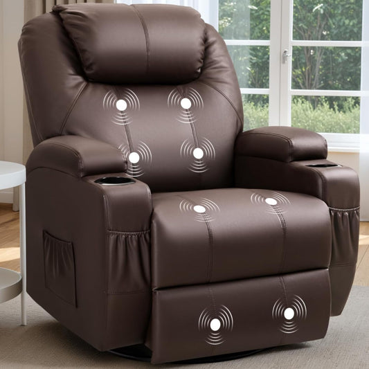 Recliner Chair, 360° Swivel Rocker Chair for Adults, Rocking Recliner Chair with Massage, Comfy Single Sofa with Side Pockets Cup Holders for Living Room, Bedroom, Nursery (Leather, Dark Brown)