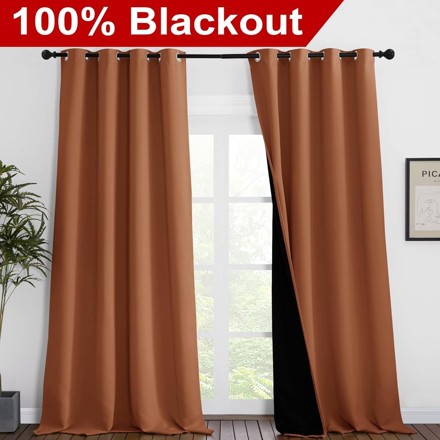 NICETOWN Full Shading Curtains for Windows, Super Heavy-Duty Black Lined Blackout Curtains for Bedroom, Privacy Assured Window Treatment (Burnt Orange, Pack of 2, 55 inches W x 102 inches L)