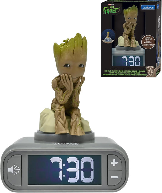 LEXiBOOK, Marvel Guardians of The Galaxy, Groot Nightlight Alarm Clock, Sounds and Melodies, Backlit LCD Screen, Illuminated, Snooze, Grey/Brown, RL800GG
