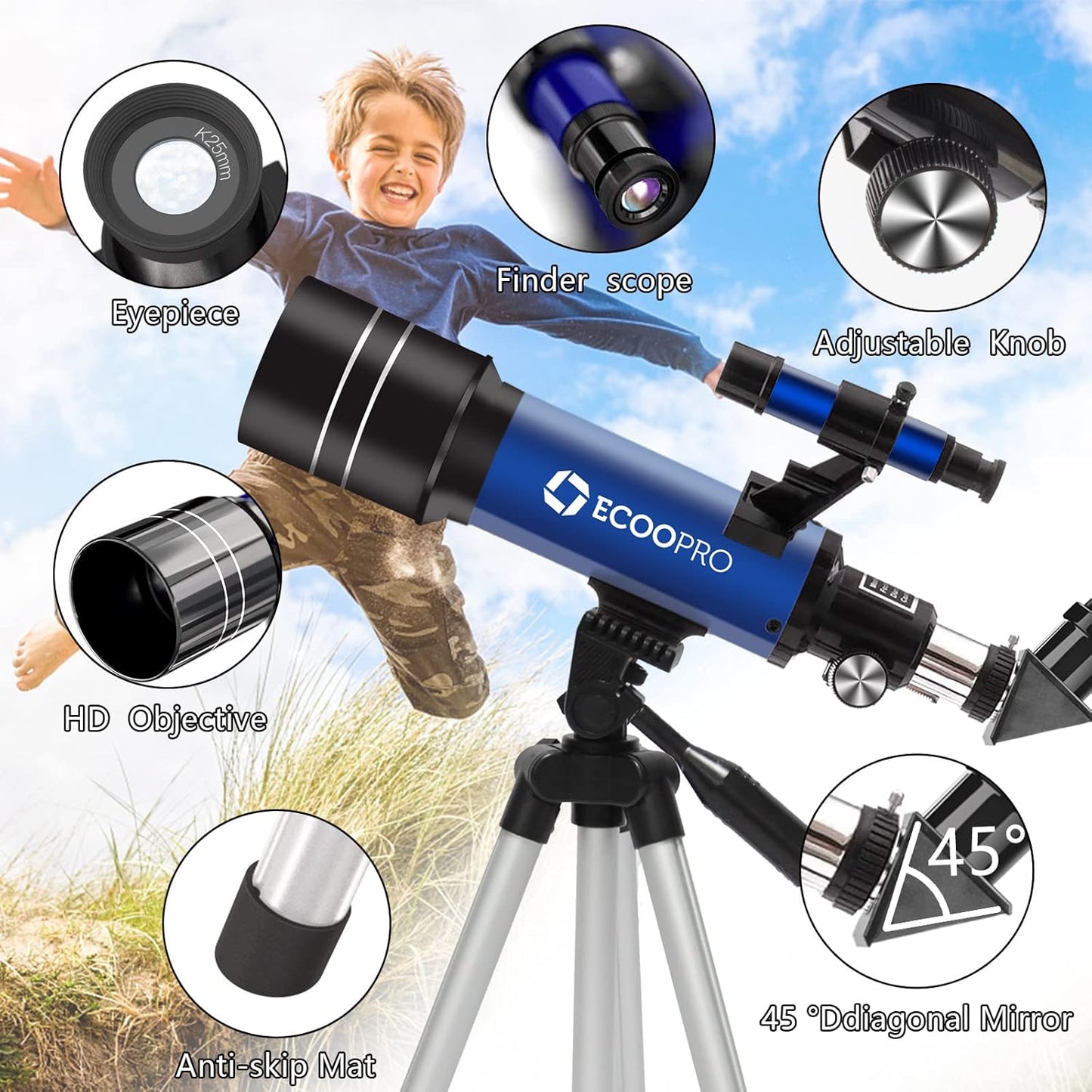 Telescope for Kids & Adults Beginners, 70mm Astronomy Refractor Telescope with Adjustable Tripod, Portable Telescope for Moon & Planet Viewing, Includes 2 Eyepieces & Finder Scope