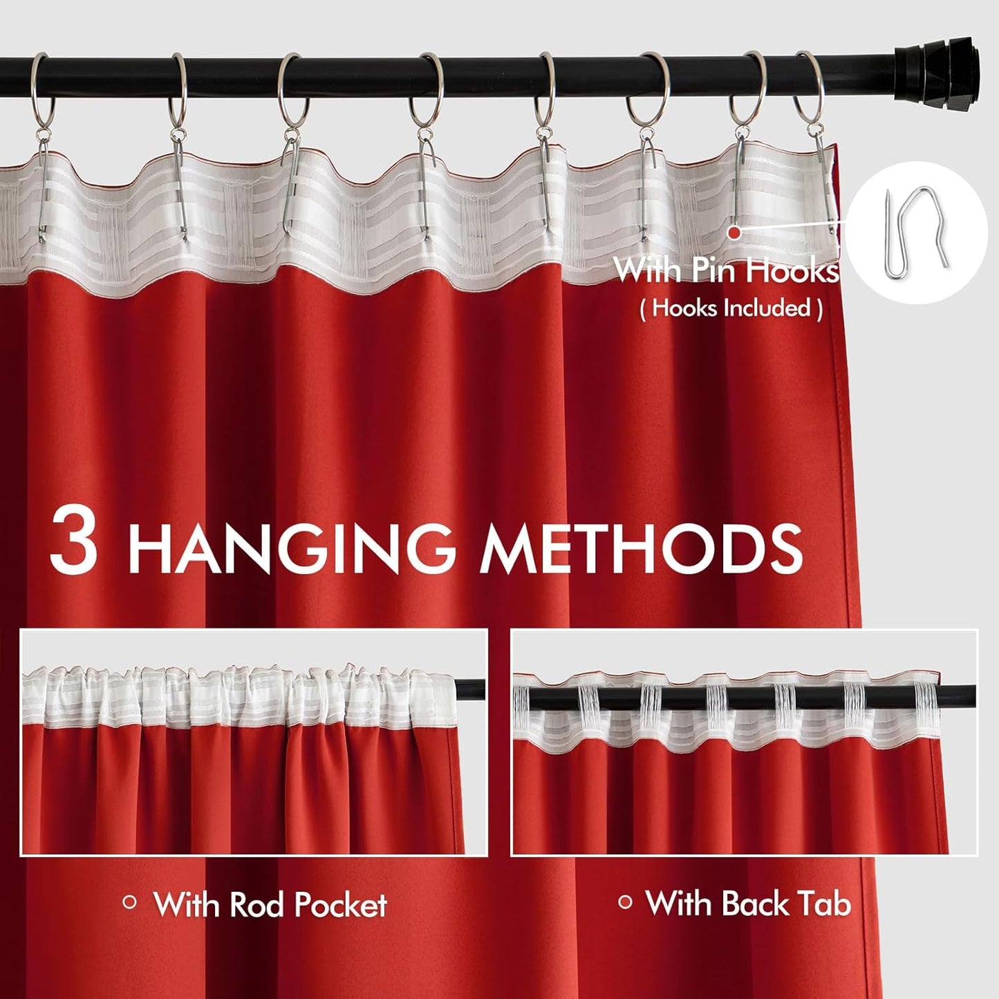 MIULEE Red Back Tab Blackout Curtains 108 Inch Long 2 Panels Set for Living Room Bedroom, Rod Pocket/Pinch Pleat Extra Long Thermal Insulated Room Darkening Pleated Light Blocking Drapes