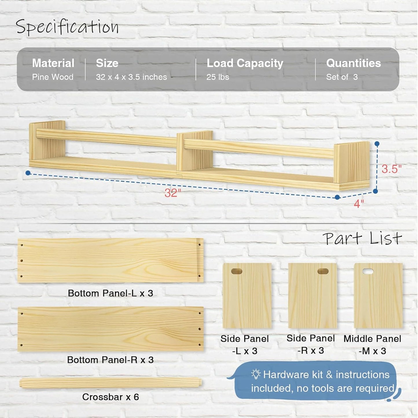 Floating Nursery Book Shelves for Wall, 32 Inch Long Bookshelf for Kids Room, Wooden Large Wall Shelf with Hanging Rod for Baby Toddler Child Bedroom (3-Pack, Natural Wood)