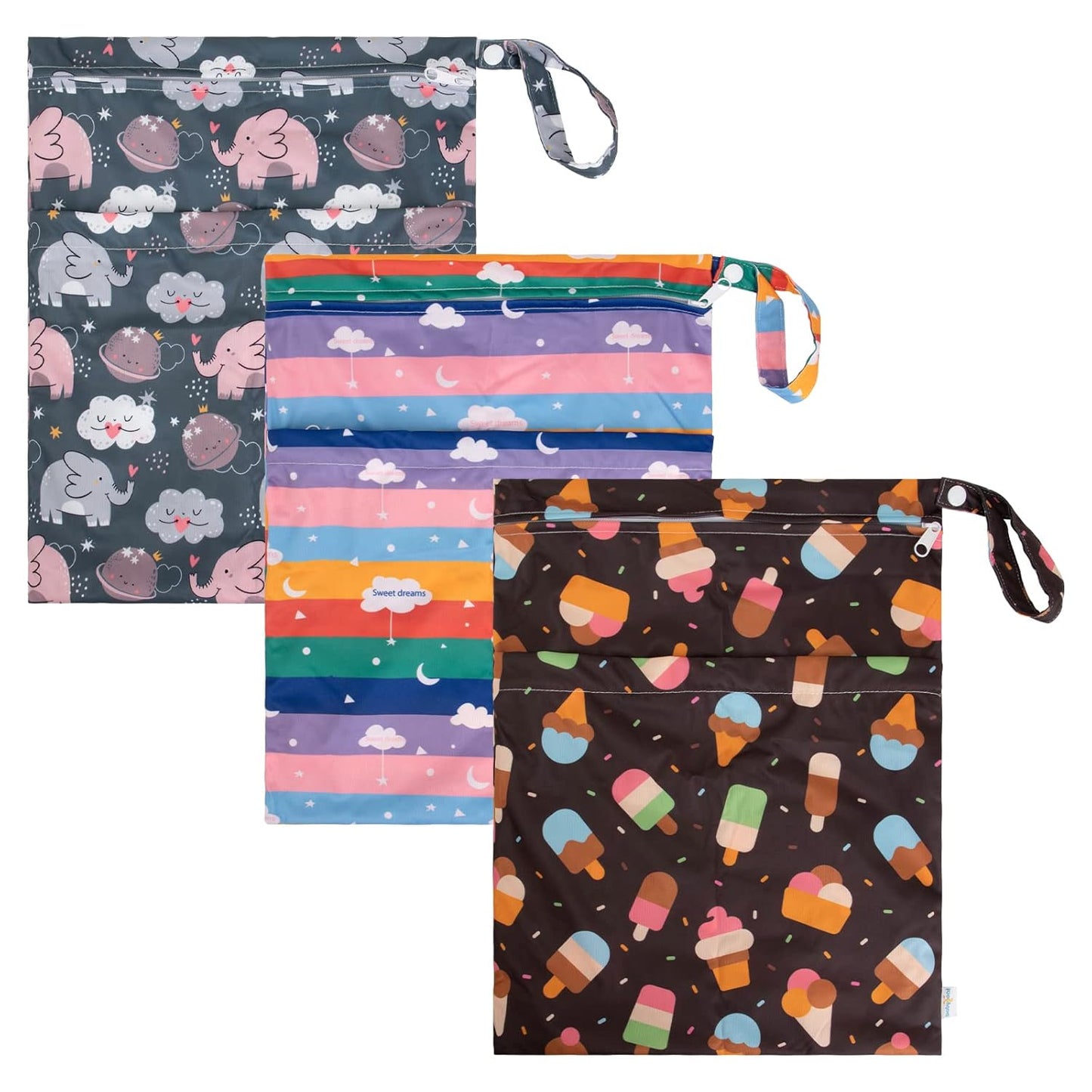 babygoal Wet Dry Bags 3 Pack for Baby Cloth Diapers, Washable Travel Bags, Beach, Pool, Gym Bag for Swimsuits & Wet Clothes with Two Zippered Pockets 3LN27