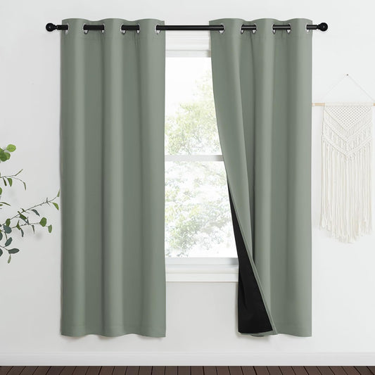 NICETOWN 100% Blackout Window Curtain Panels, Heat and Full Light Blocking Drapes with Black Liner for Nursery, 70" Drop Thermal Insulated Draperies (Greyish Green, 2 Pieces, 37" Wide Each Panel)
