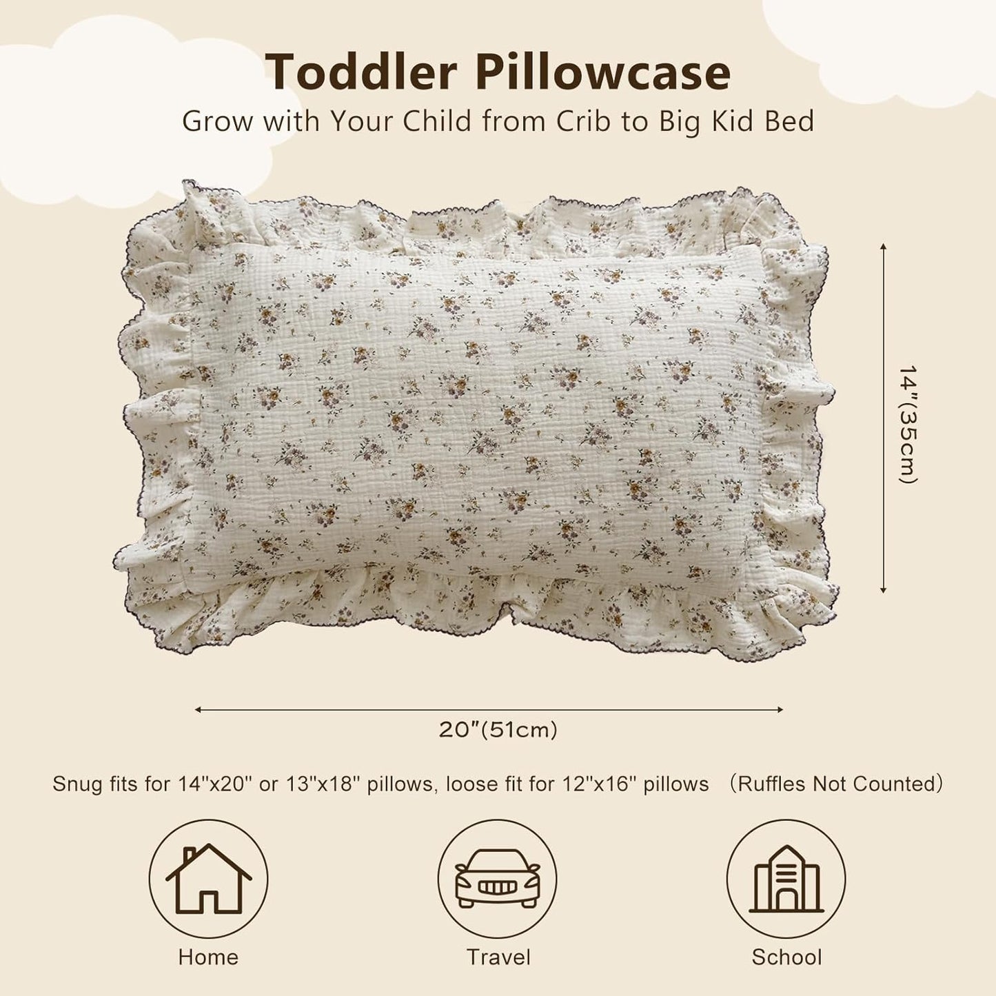 BuLuTu Floral Toddler Pillow Cases Cotton Muslin Cotton Pillowcases for Girls Nursery Pillow, Kids Pillow Cover for Crib/Toddler Bed, Envelope Closure,1 Piece, Crapemyrtle Pattern, 14"x20"