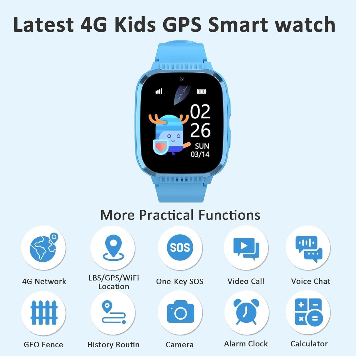 4G Kids Smart Watch Boys with GPS Tracker & Video Calling Texting Kids Cell Phone Watch Age 5-12, 12/24 Hr SOS Call Voice Chat Alarm Clock Camera Pedometer Class Mode(Blue)