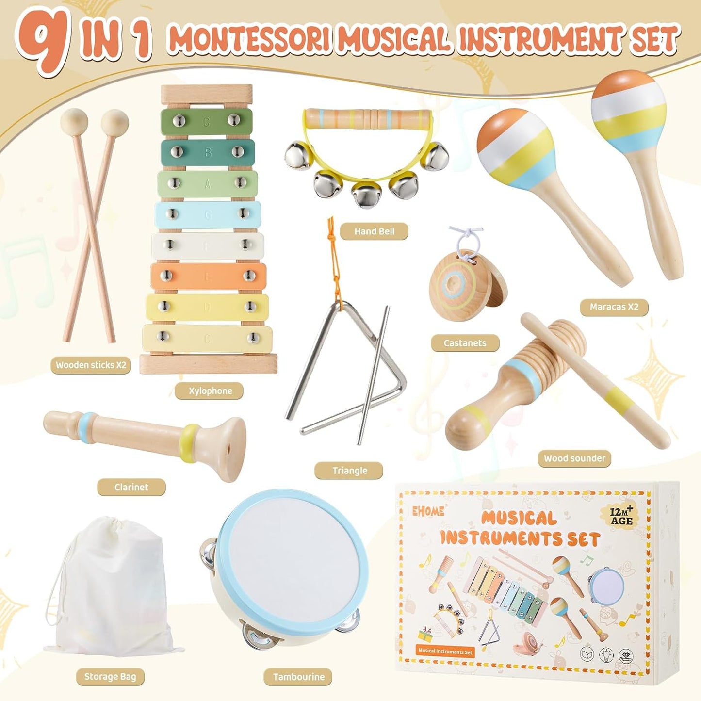 Baby Musical Instruments Set Montessori Wooden Music Toys for Toddlers 1 2 3 Neutral Color Percussion Music Kit with Drum, Xylophone,Storage Bag, Birthday Preschool Learning Gift for Boys Girls