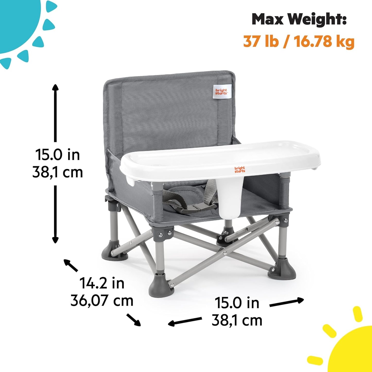 Bright Starts Pop 'N Sit Portable Booster, Indoor/Outdoor Use, Floor Seat with Feeding Tray, Grey, 6 Mos - 3 Yrs