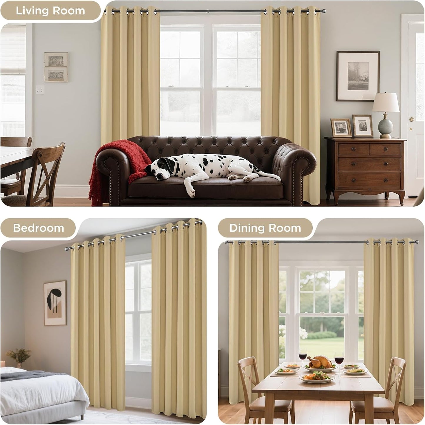 Joydeco Blackout Curtains 108 Inches Long 1 Panel, Thermal Insulated Long Curtains& Drapes 1 Piece, Room Darkening Grommet Drapes for Living Room Bedroom Window (W70 x L108 Inch, Beige)
