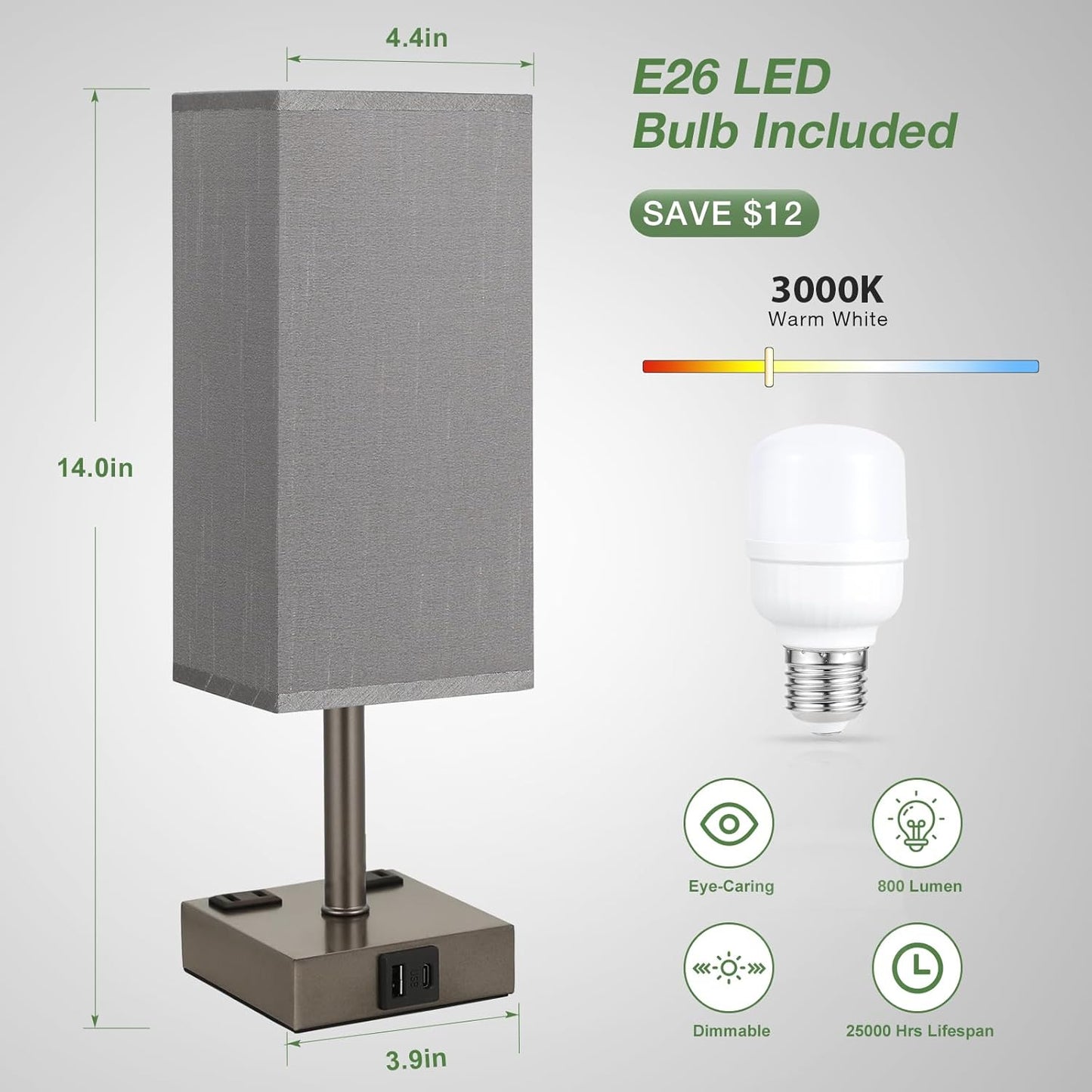 Dark Grey Touch Lamps Set of 2 - Nightstand Lamp with USB-C + A Charge Ports & AC Outlets, 3-Way Dimmable Bedside Lamp, Small Table Lamp Light for Bedroom (Bulb Included)