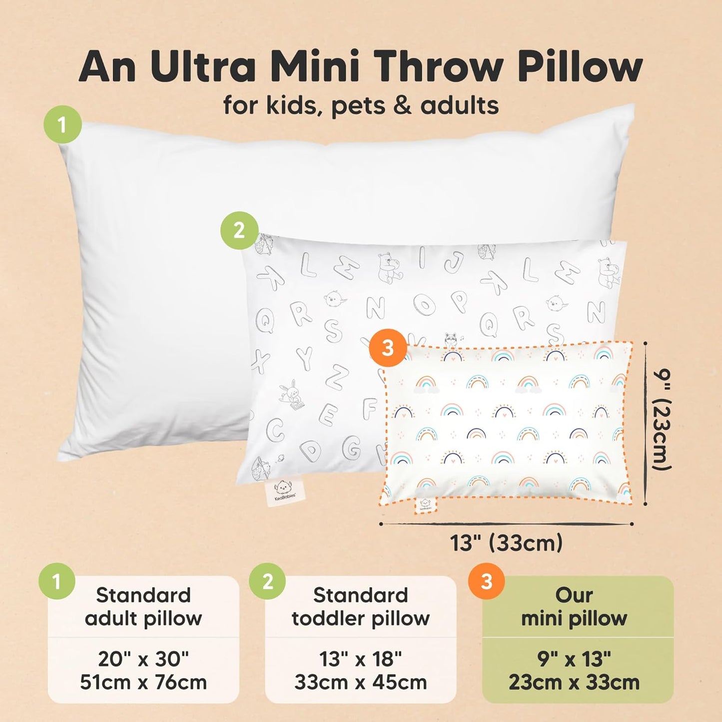 Mini Toddler Pillow with Pillowcase - 9x13 My Little Dreamy Travel Kids Pillow for Sleeping, Toddler Bed, Small, Tiny, Organic Cotton Pillowcase, Soft & Breathable, Kids 2-4 Years Old (Jolly Rainbow)