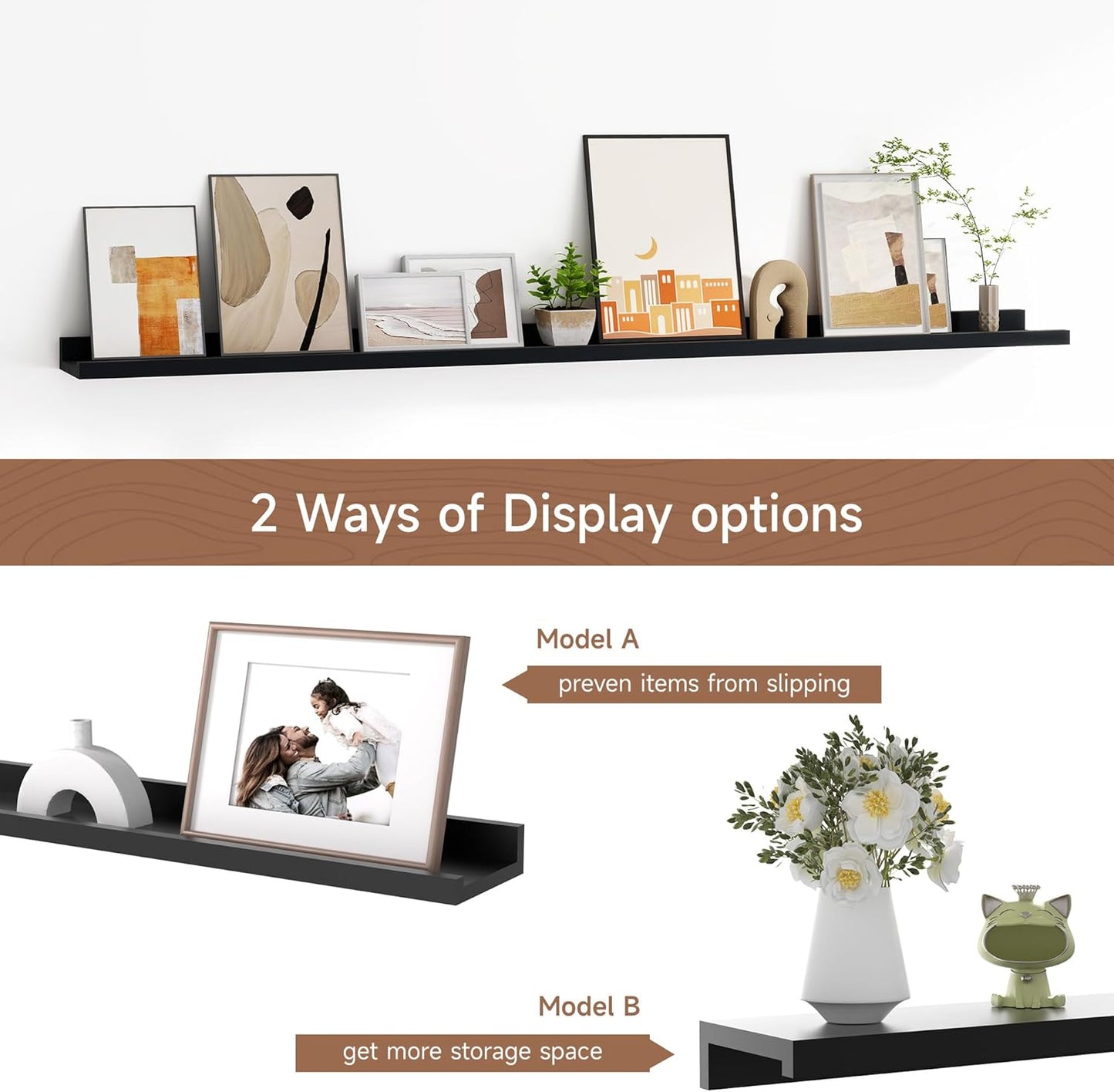 Floating Picture Ledge Shelves for Wall Set of 2, 55 Inches Picture Shelf with Ledge, Nursery Book Shelf for Toys Storage Kids Bookshelf Wall Mounted Living Room Bedroom Decor Frames, Black