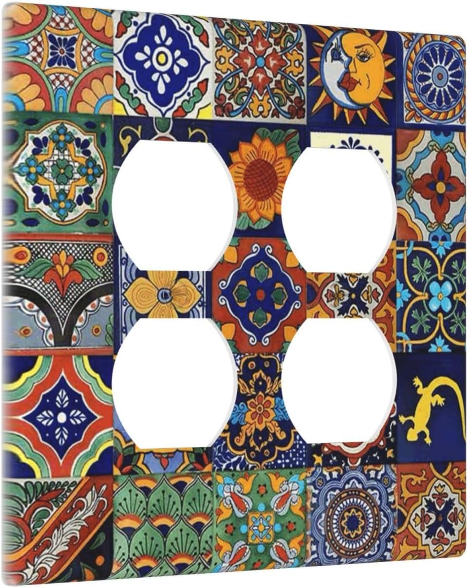 Talavera Mexican Tiles Traditional Color Decoration Print Outlet Covers 2 Gang Double Duplex Decorative Light Switch Covers Electrical Wallplates Socket Faceplate for Kitchen Bathroom Decor
