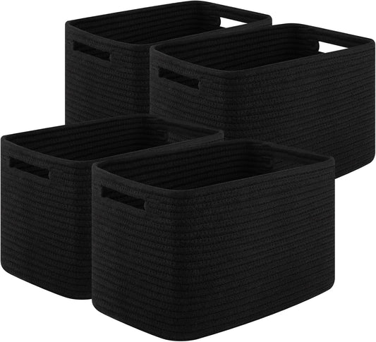 Storage Baskets for Organizing, Woven Decorative Baskets for Shelves - Books, Towels, and Clothes, Cotton Rope Toy Storage Bins, 12.7''Lx9''Wx7.8''H, Pack of 4, Black
