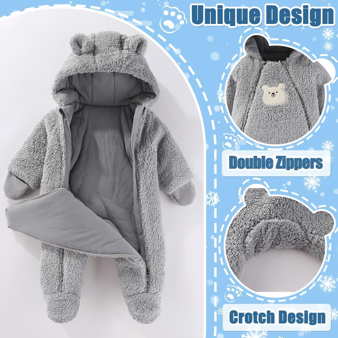 Fairy Baby Newborn Baby Winter Snowsuit Bear Thick Romper Footie Double Zip Hooded Jumpsuit Fleece Coat Infant Boy Girl 0-12M
