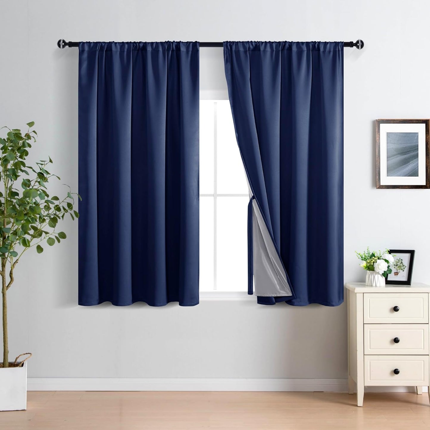 XWZO 100% Blackout Curtain Panels - Thermal Insulated Black Liner, Noise Reducing and Heat Blocking Rod Pocket Drapes for Hall and Studio Windows with Tiebacks, Navy Blue, W52 x L54, Set of 2