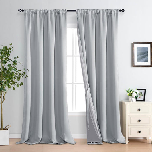 XWZO 100% Blackout Curtain Panels - Extra Long Rod Pocket Thermal Insulated Black Liner Curtains, Noise Reducing and Heat Blocking Drapes for Bedroom with Tiebacks, Light Grey, W52 x L108, Set of 2