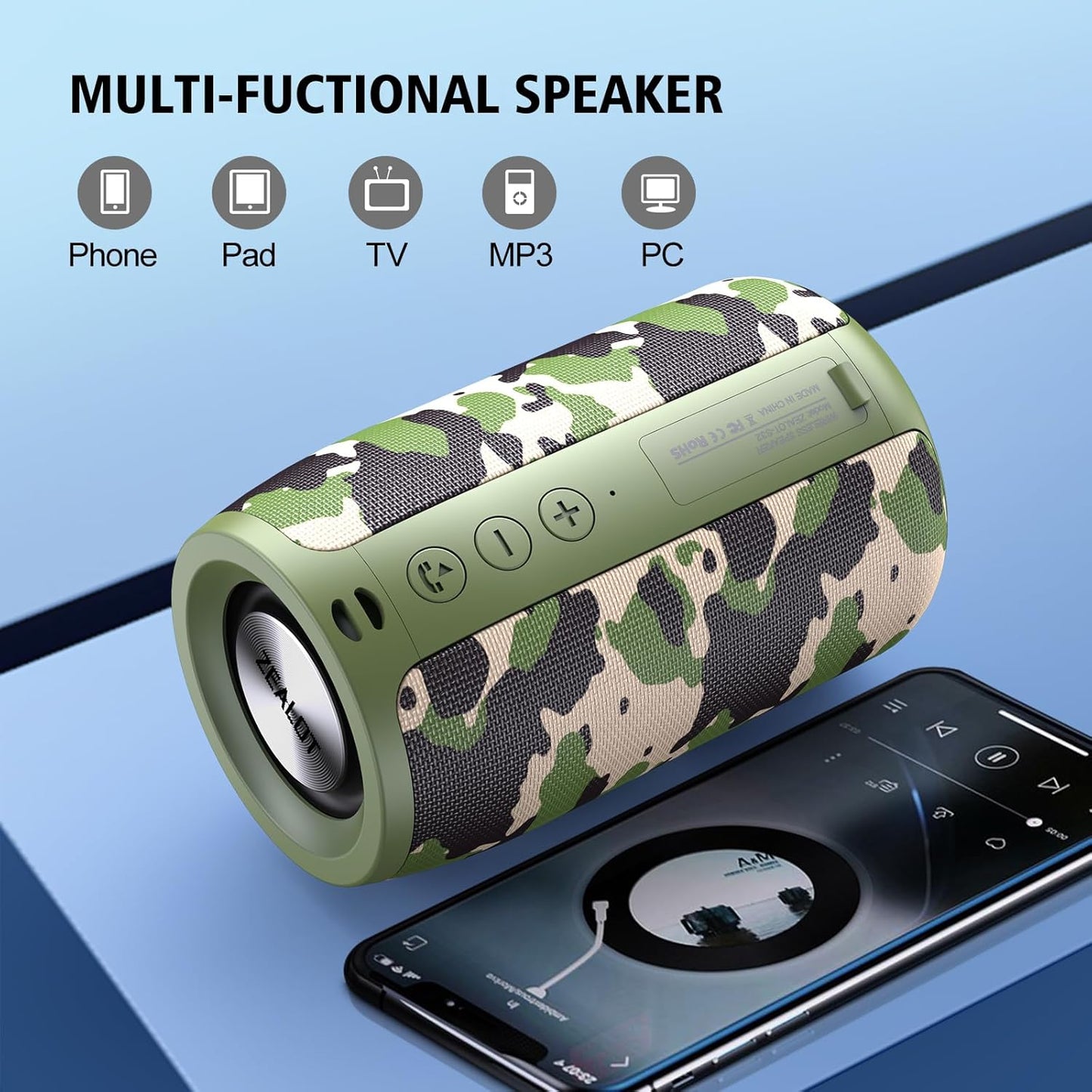 ZEALOT Portable Bluetooth Speaker, S32 Outdoor Speaker, Waterproof IPX5, Dual Pairing, Stereo Sound/TF Card/USB/AUX Competible for iPhone14 Samsung Home/Hiking/Fishing- Camo