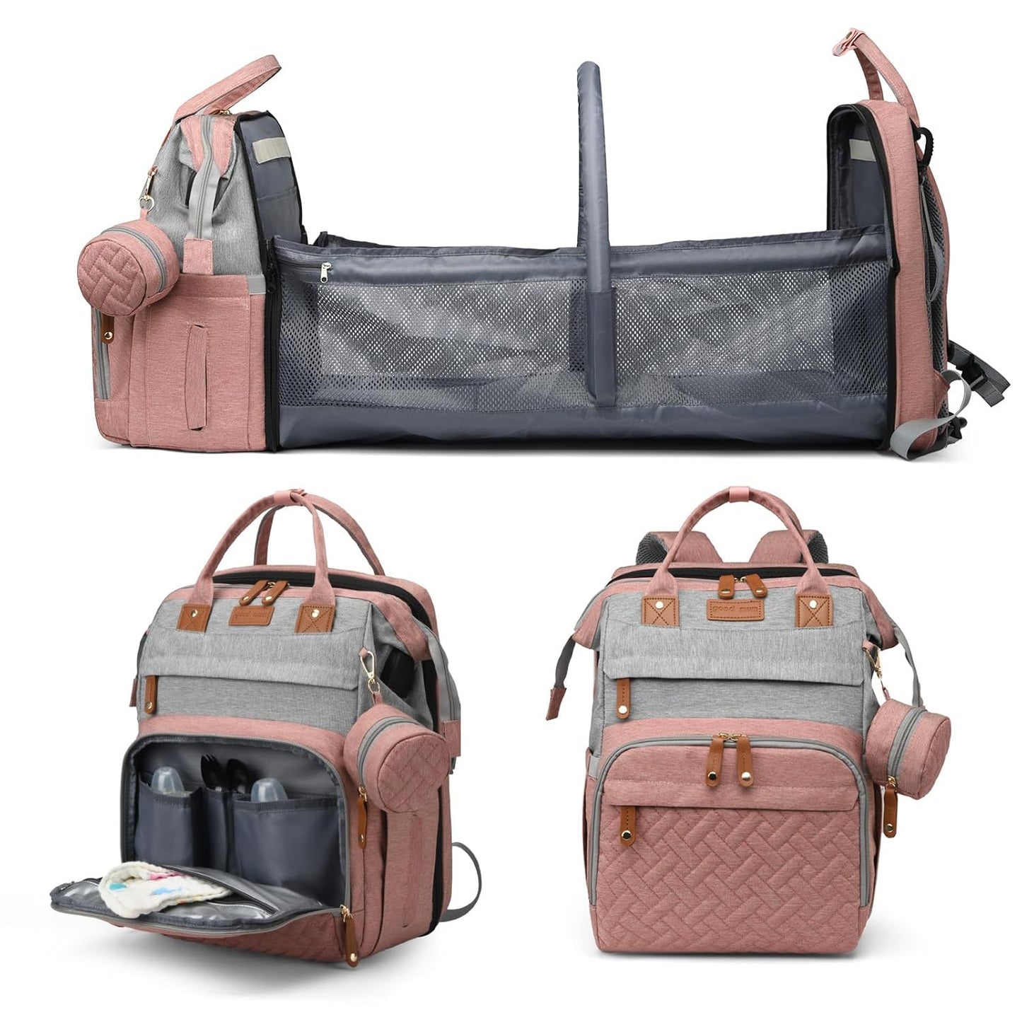 Jeryswet Baby Diaper Bags with Changing Station, Waterproof Large Capacity Diaper Bag Backpack for Moms Dads with USB Charging Port and Stroller Straps, Baby Shower Gifts, Pink-Grey