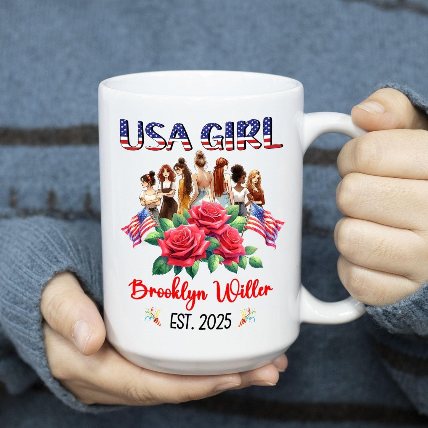 Customized USA Girl Coffee Cup Gift For Women Mom Sister US Citizenship, Lovely American Girl White Coffee Mug, Personalized Name And Year On American Citizen Mug, Citizenship Celebration Cup 11 15Oz