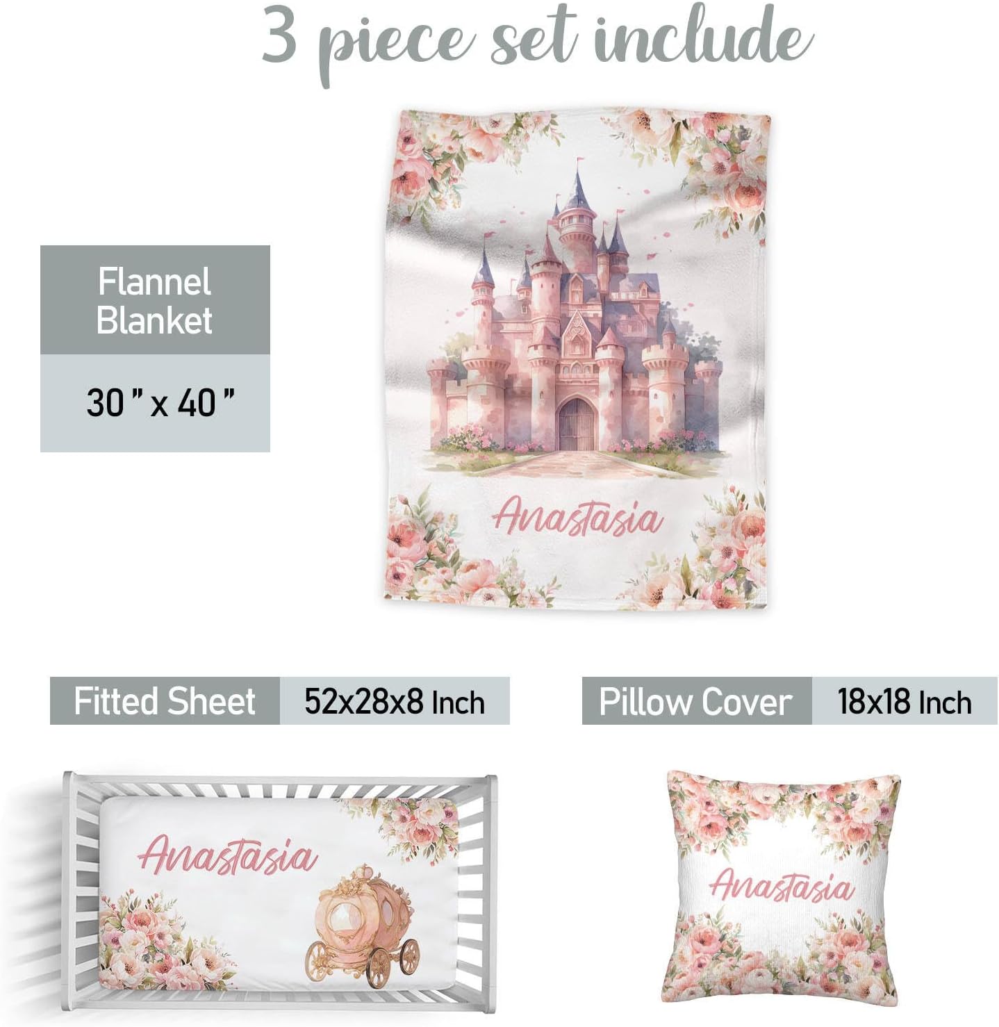Personalized Baby Girl Crib Bedding Set – Custom Name Princess Castle 3-Piece Nursery Set with Soft Flannel Blanket, Fitted Sheet & Pillowcase – Infant & Toddler Bedding Gift