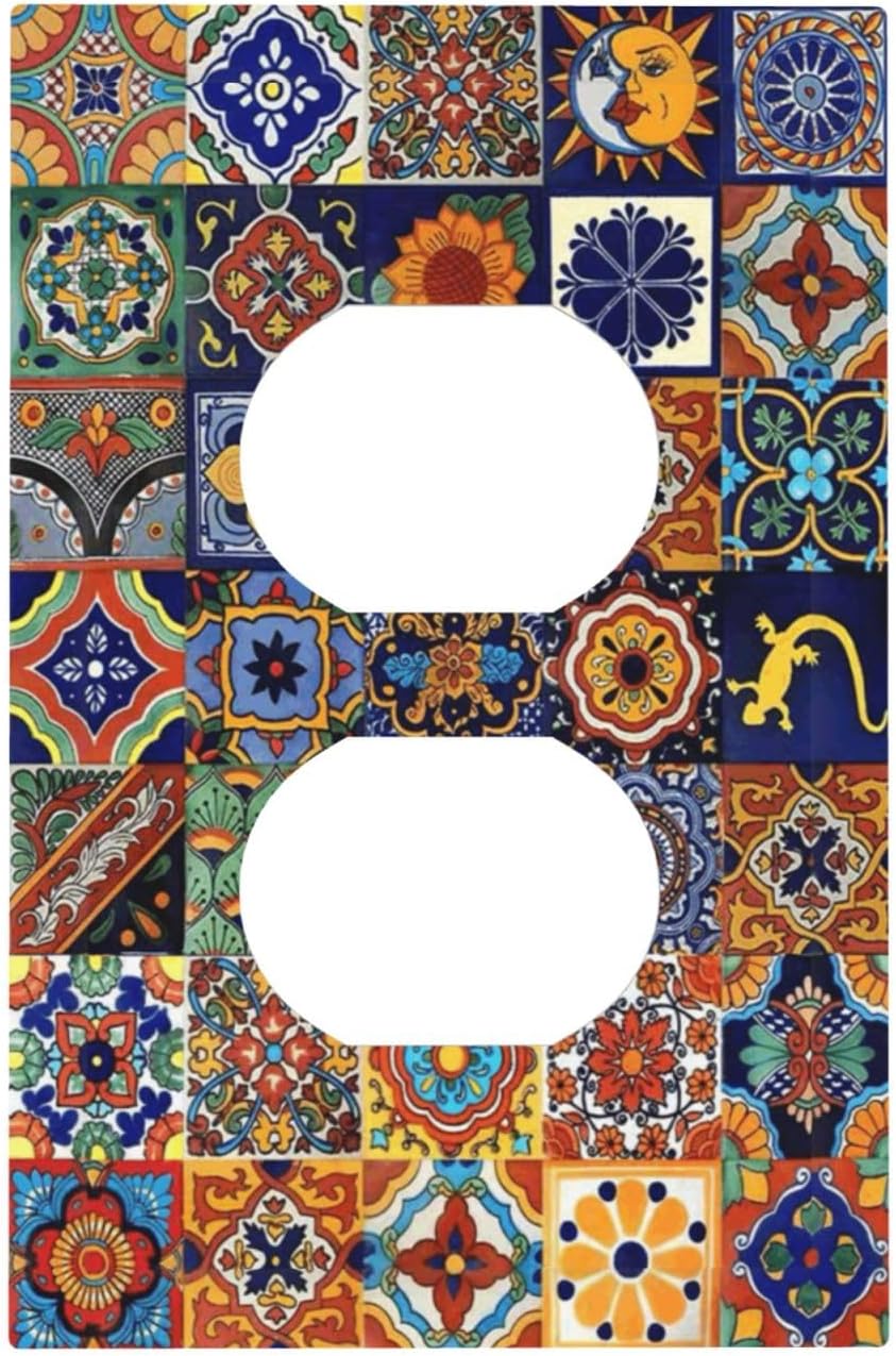 Talavera Mexican Tiles Traditional Color Decoration Print Outlet Covers 1 Gang Duplex Light Switch Cover Decorative Switch Plates Electrical Receptacle Faceplate Wall Plate for Kitchen Bathroom Decor