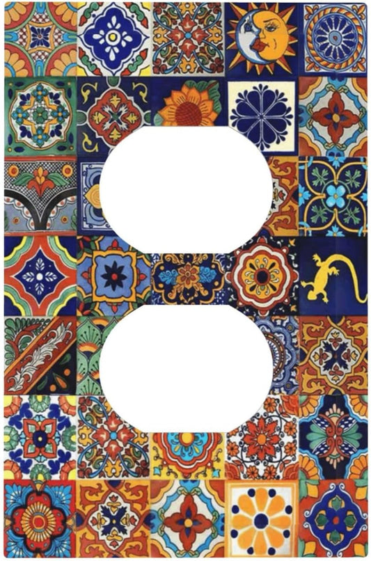 Talavera Mexican Tiles Traditional Color Decoration Print Outlet Covers 1 Gang Duplex Light Switch Cover Decorative Switch Plates Electrical Receptacle Faceplate Wall Plate for Kitchen Bathroom Decor