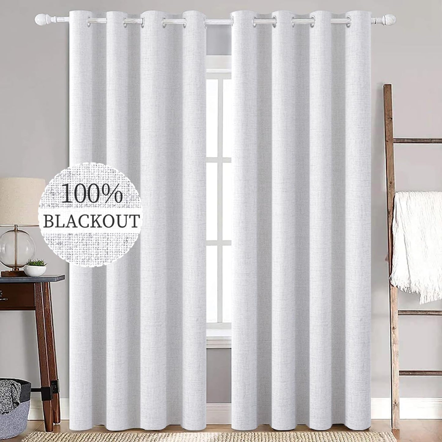 MIULEE Linen Texture Curtains for Bedroom Solid 100% Blackout Thermal Insulated Grayish White Curtains Grommet Room Darkening Curtains/Drapes for Living Room Nursery 52x96 Inch (2 Panels)