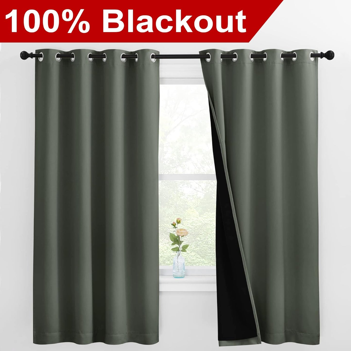 NICETOWN Dark Mallard 100% Blackout Lined Curtains, 2 Thick Layers Completely Blackout Window Treatment Thermal Insulated Drapes for Kitchen/Bedroom (1 Pair, 55-inch Width x 68-inch Length per Panel)