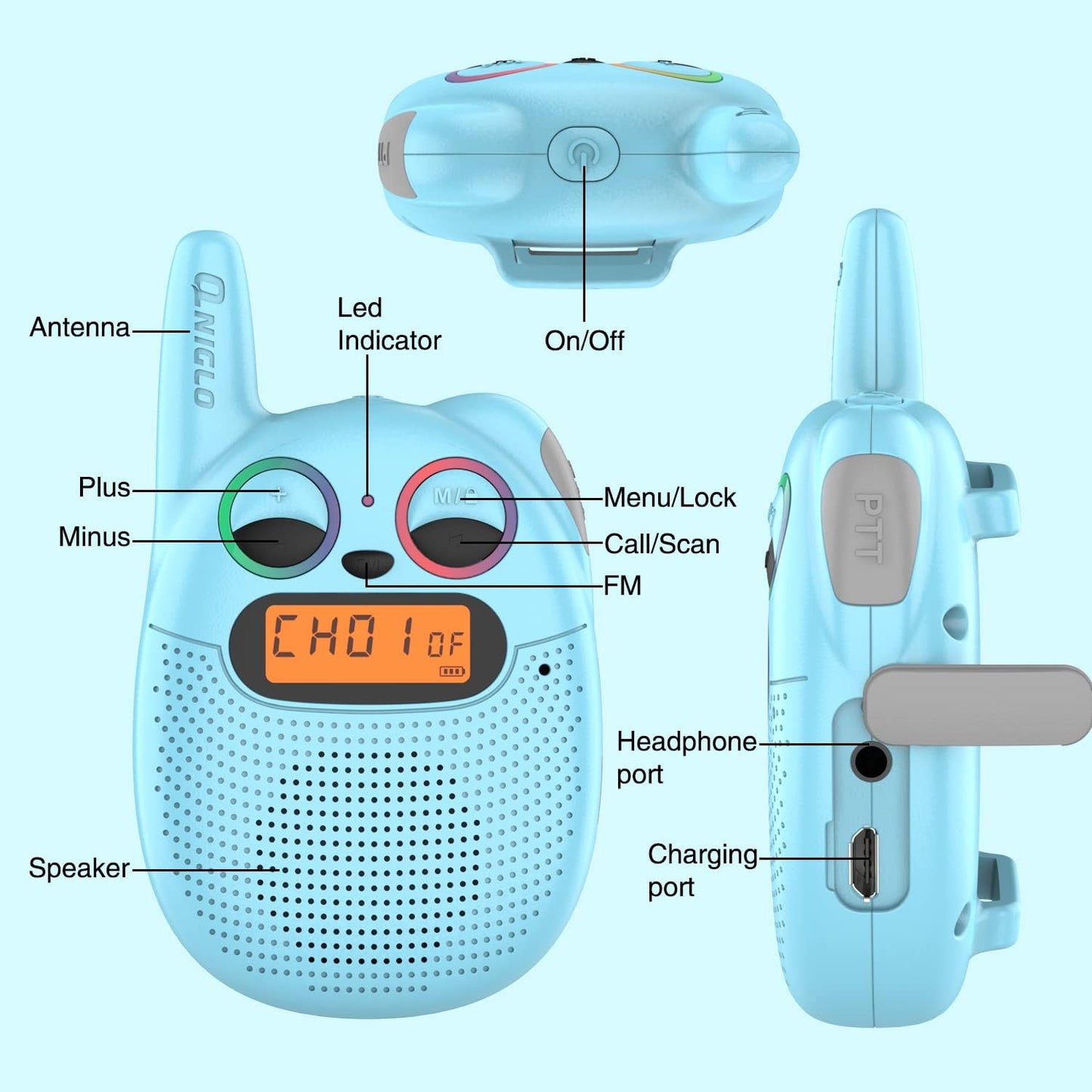 Qniglo Walkie Talkies for Kids Rechargeable 2 Pack,Christmas Birthday Gifts Toys for Age 3-12 Boys Girls, Long Range Kids Walkie-Talkie with FM Radio for Family Adventure Camping Hiking Spy Games