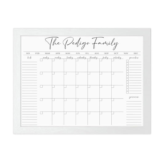 Personalized Dry Erase Wall Calendar with Custom To do list and Notes Organization Sections | Large Whiteboard Calendar (24" W x 18" H, White-Washed Frame)