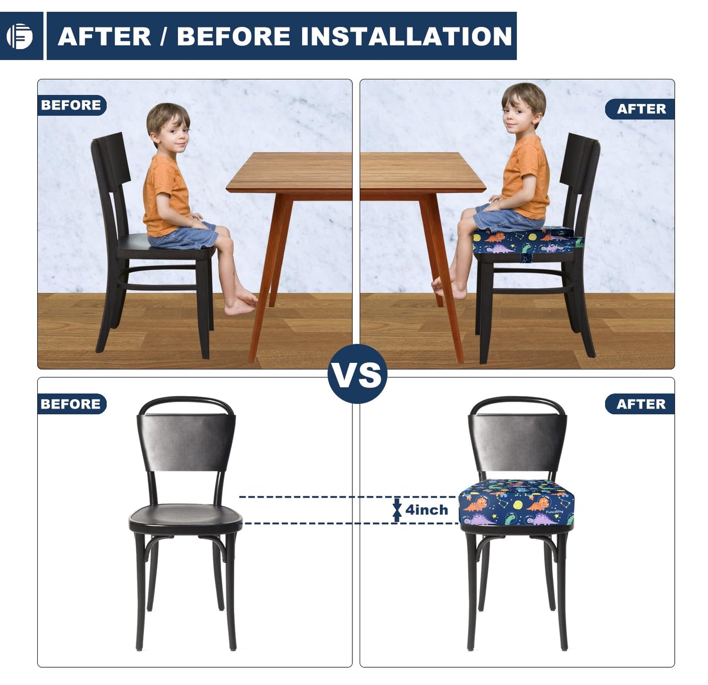 Toddler Booster Seat for Dining Table, Portable Booster Seat for Kitchen Chair, 4 Inch High-Density Foam Cushion with Adjustable Safety Straps and Non-Slip Bottom, Perfect for Kids Travel and Daily