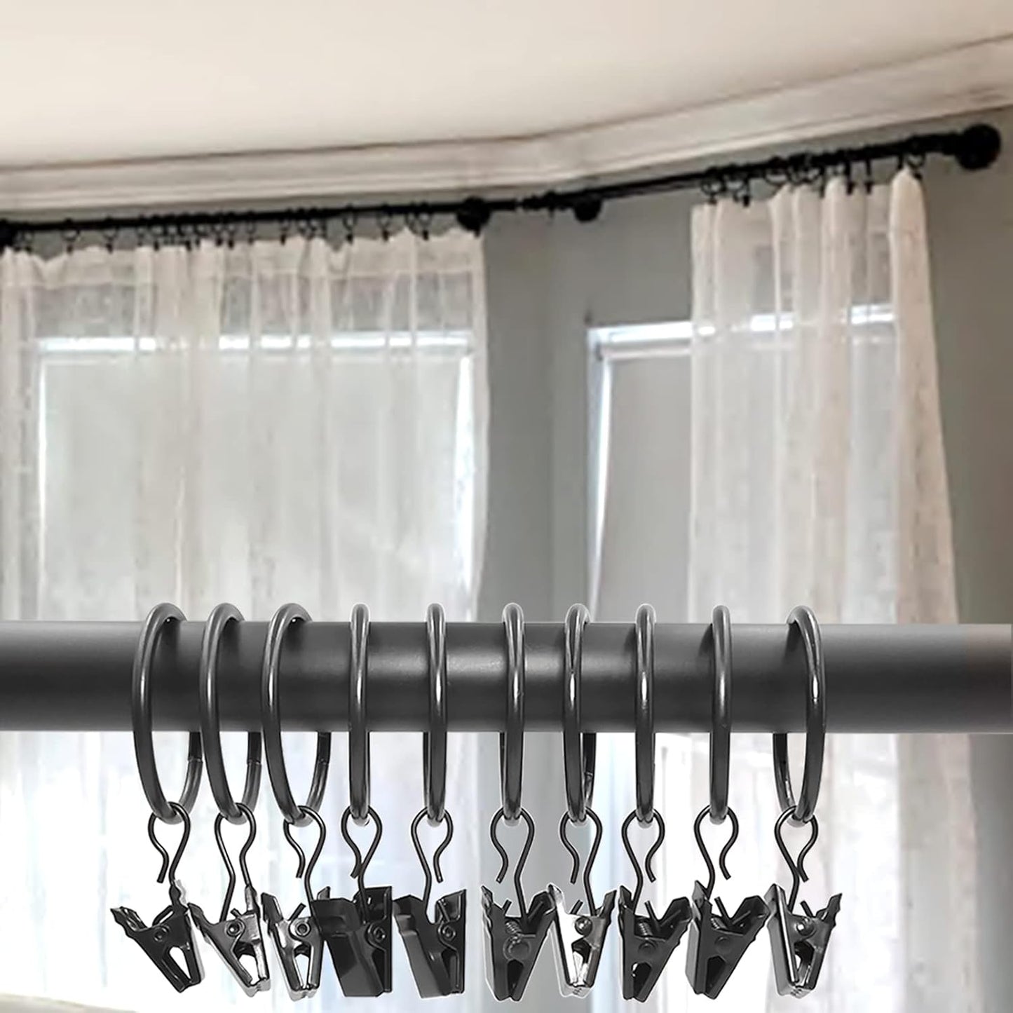 40 Pack Black Curtain Rings with Clips, Curtain Hooks Hangers Clip Rings for Hanging Drapes Bows Hat, Drapery Rings 1.26 in I D, Fits up to 1 in Diameter Curtain Rod.