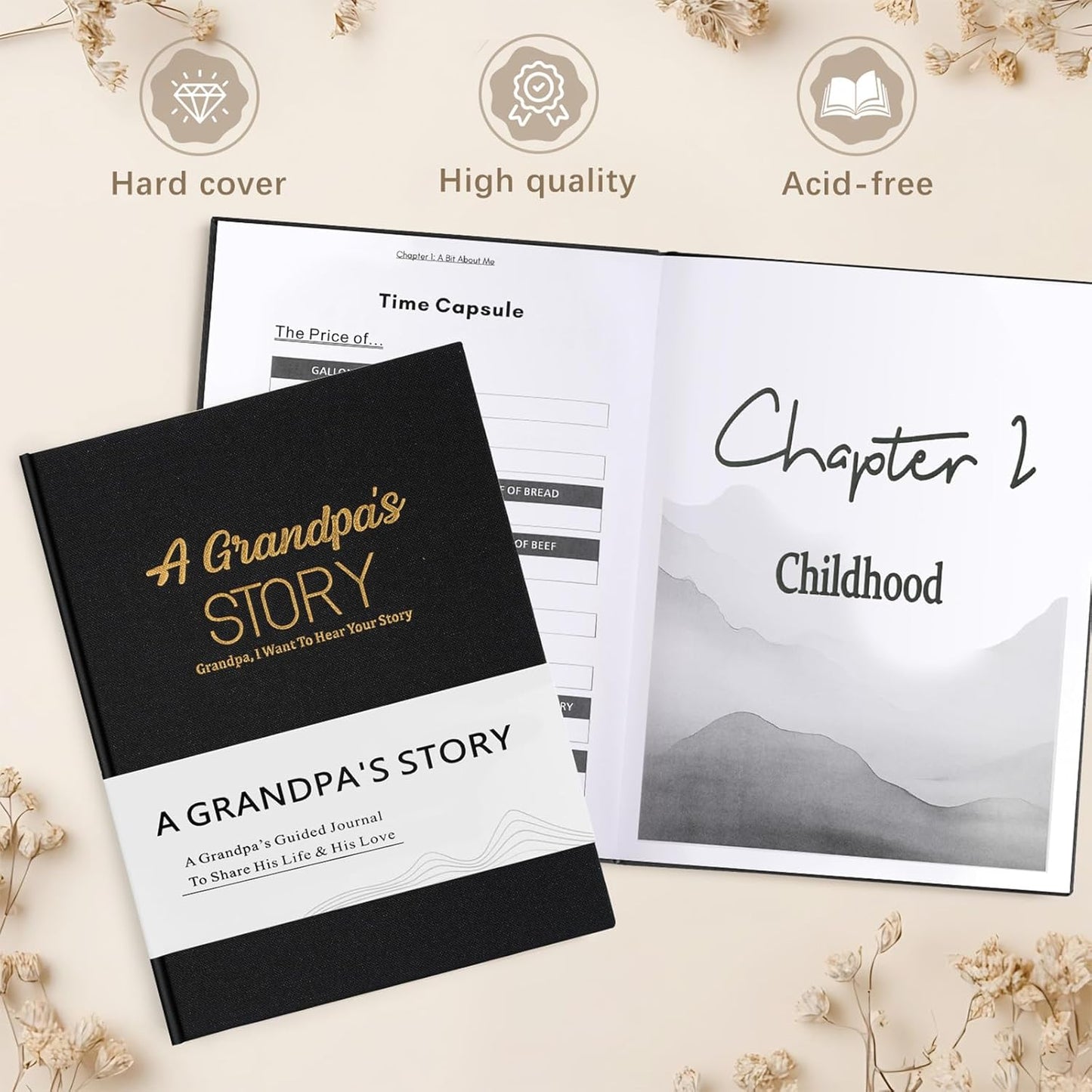 Artmag Grandpa's Life Story Journal Family Keepsake Book Linen Hardcover for Grandpa to Share His Memories, with 250+ Prompt Questions Gift for Birthday Father's Day Christmas (Black)